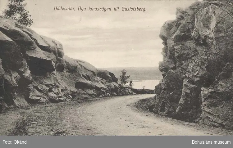 Tryckt text på kortet: "Uddevalla. Nya landsvägen till Gustafsberg."