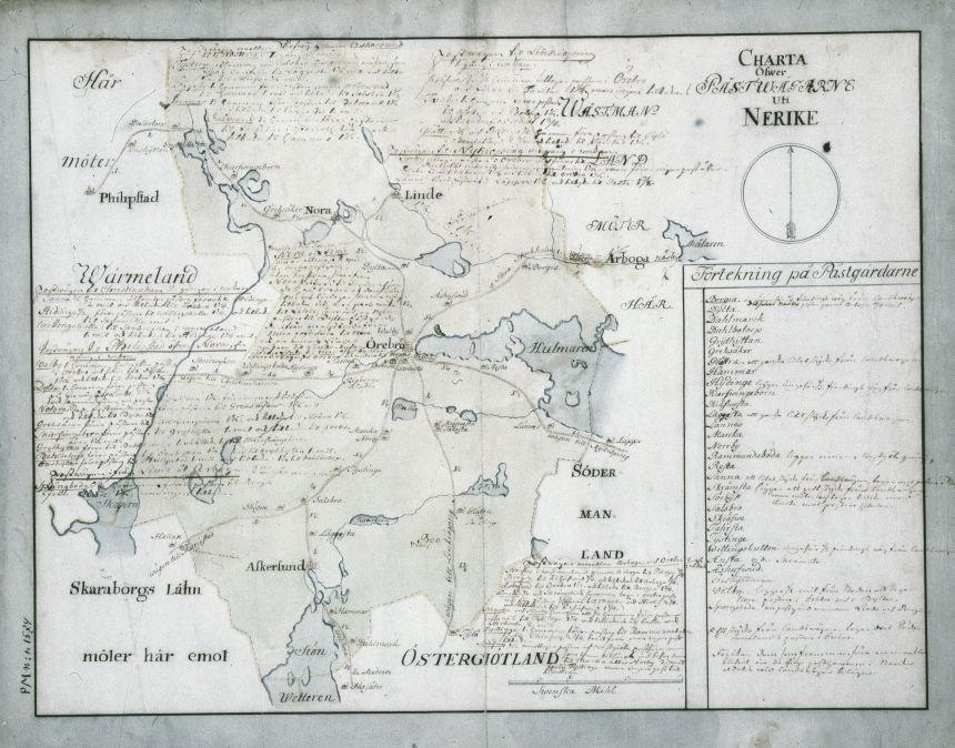 Postkarta över postvägarna i Närke under 1700-talets mitt. Kartan visar endast Närke, de angränsande länen namnges endast vid sidan om. En förteckning över postgårdar finns i nedre högra hörnet. Det finns även anteckningar om postföring. På kartans baksida finns anteckningar om postföringen mellan Värmland och Närke. Kartan är ritad och kolorerad för hand.
