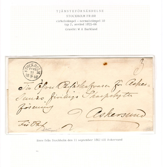 Albumblad innehållande 1 monterat albumblad

Text: Brev från Stockholm den 11 september 1862 till Askersund

Stämpeltyp: Normalstämpel 10