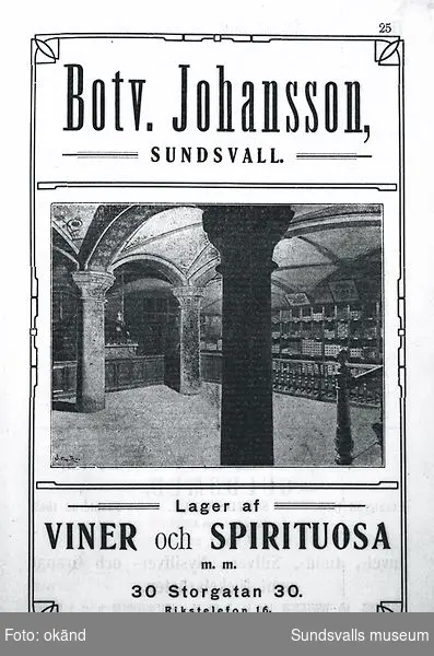 Annons för Botvid Johanssons vinhandel på Storgatan 30.