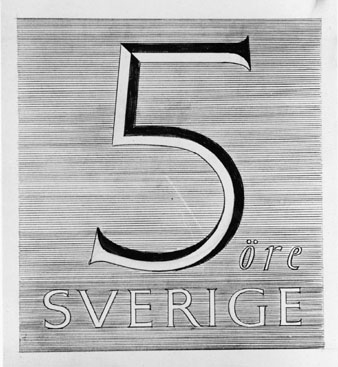 Förslagsskisser till frimärke Ny Siffertyp 1951-1965, utgivet 29/11 1951. Konstnär: Karl-Erik Forsberg. Blyerts. Valör 5 öre, texten "Sverige" nedtill.