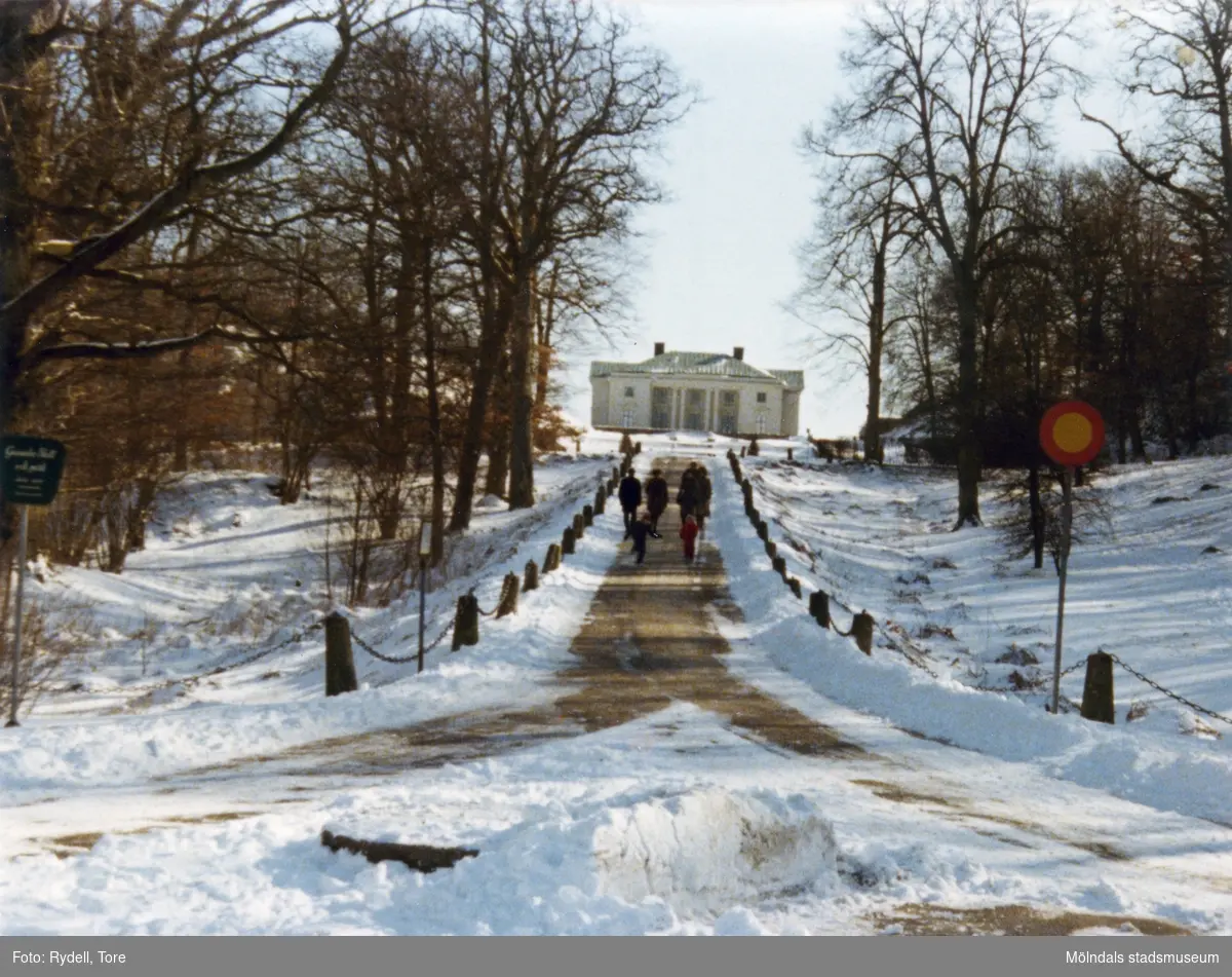 Vy från "Runde sten" vid John Halls väg mot Gunnebo slott i Gunnebo, Mölndal, en vinterdag på 1970-talet. Uppfartsvägen till slottet kallas Appareillen.