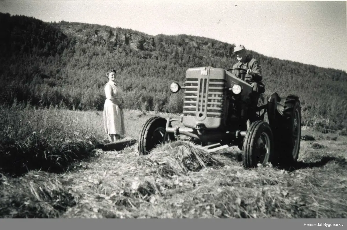 Nystølen på Nøreli i Gol i 1958.
Odd Ålstveit med den fyrste traktoren på Flato, Mc Cormick Farmal, produsert ved International Harvesters fabikk i Tyskland.