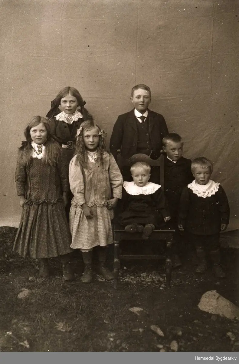 Framme frå venstre: Kari, Olga, Emil, Per og Kristian Langehaug.
Bak frå venstre: Randi og Knut Langehaug
Alle frå Hemsedal.
Fotografiet er frå 1920.