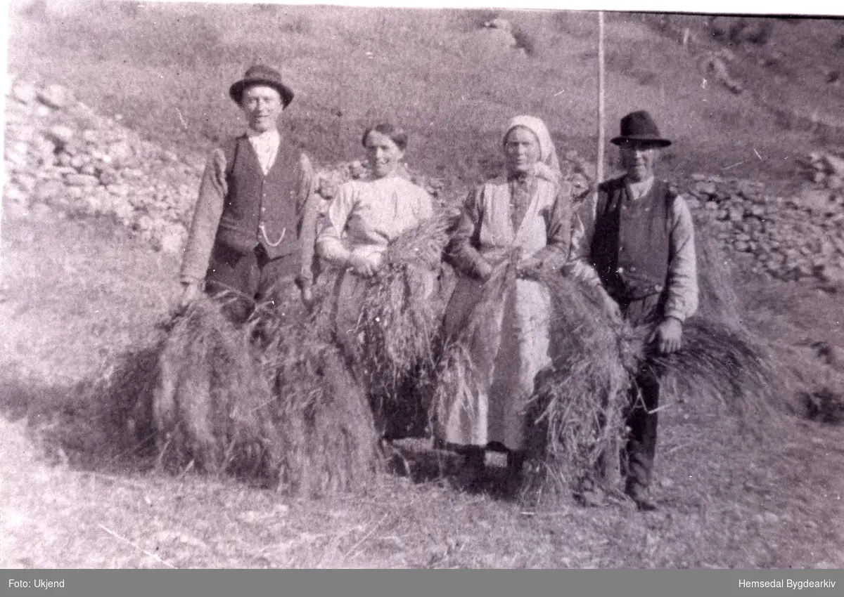 Biletet er teke i skuronna. Dei driv og bundlar, dvs. bind kornet i nek
Frå venstre: Ola T. Anderdal, Anne, Birgit og Trond Anderdal
Fotografiet er teke ca. 1925.