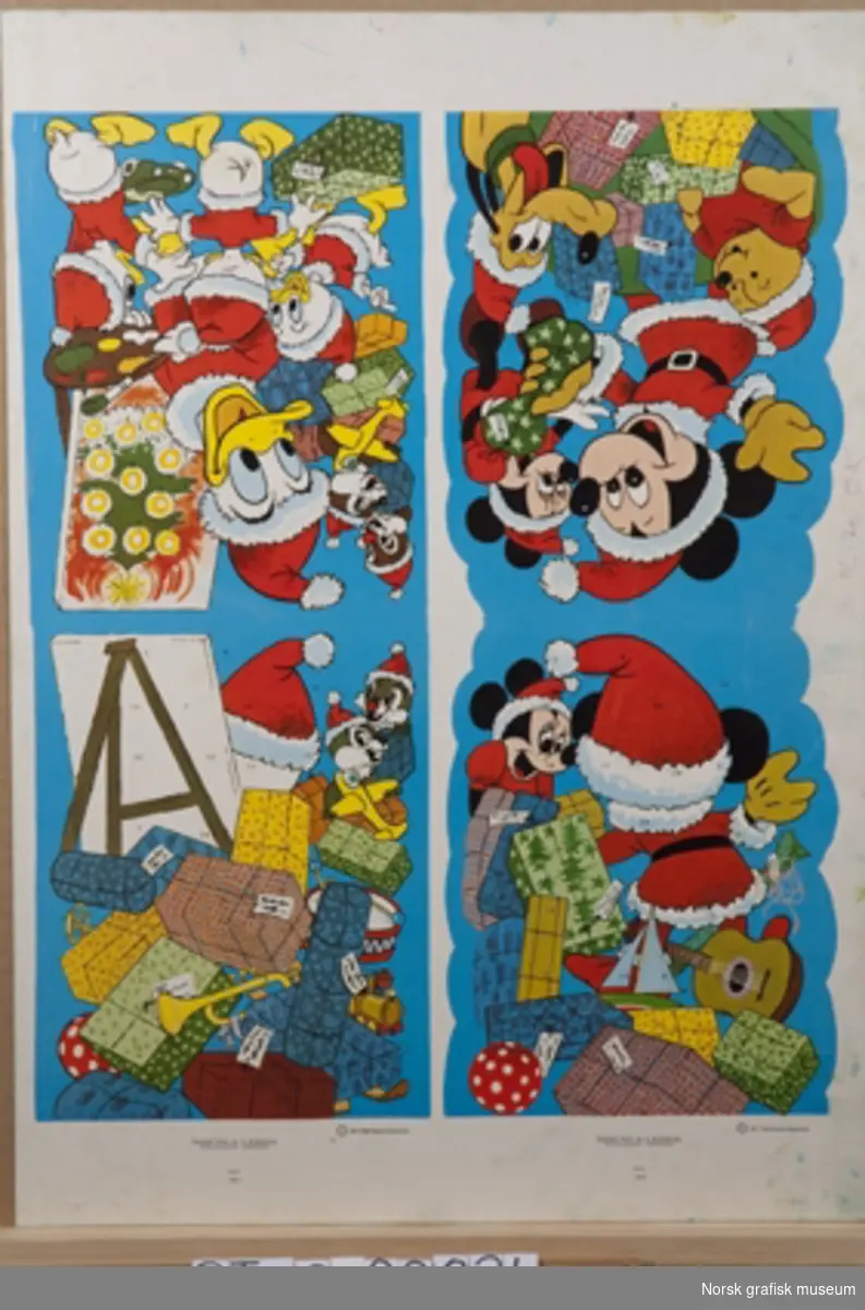 To ulike motiver:
Mikke og Minni Mus, Pluto og Ole Brumm i nisseklær med julegaver rundt seg.