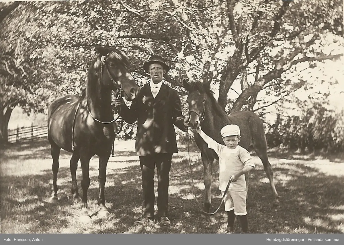 Per August Petersson, sonen Erik Persson och en häst.
 
Fröderyds Hembygdsförening