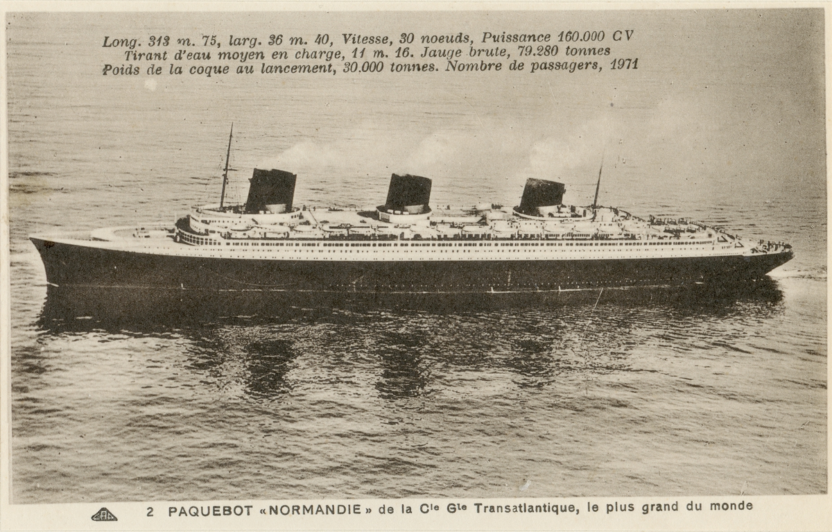 Fartyg: NORMANDIE                     
Bredd över allt 35,9 meter
Längd över allt 299,1(pp) meter

Byggår: 1935
Varv: St Nazaire
