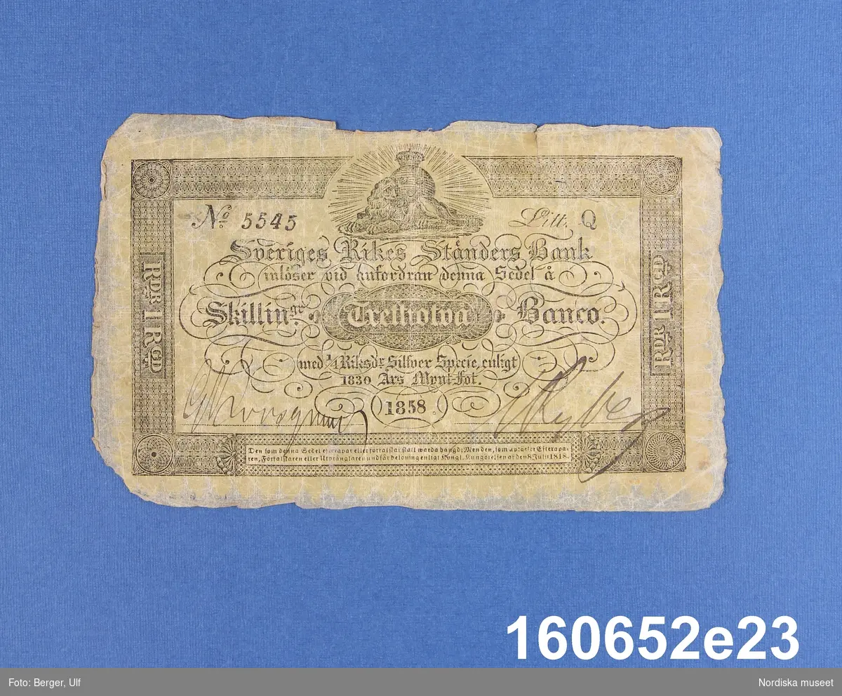 Sveriges Rikes Ständers Bank, 32 skillingar banco. Daterad 1858, nr 5545, litt Q.