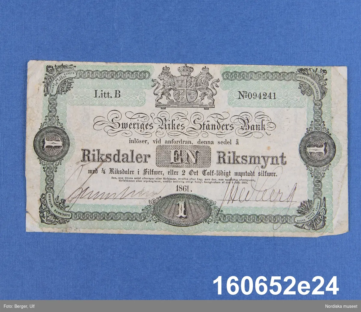 Sveriges Rikes Ständers Bank, 1 riksdaler riksmynt. Daterad 1861, litt B nr 094241.