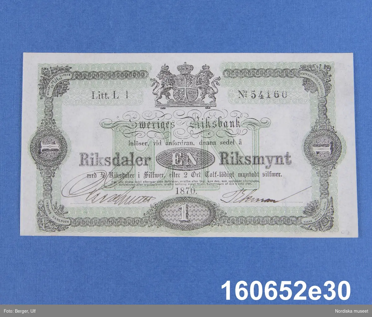 Sveriges Riksbank, 1 riksdaler riksmynt. Daterad 1870, litt L l nr 54160.