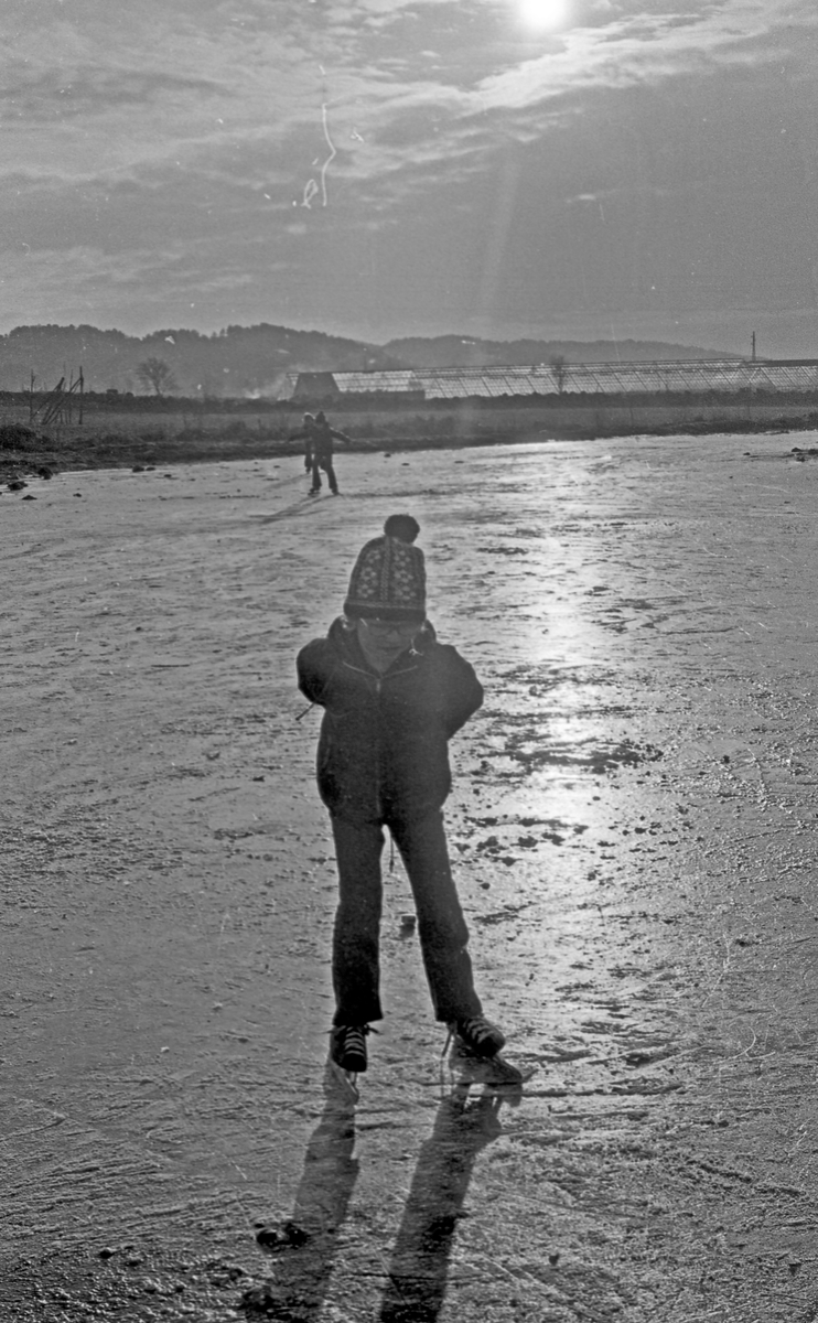 Barn på isen. Islagt vann på Norheim. Flere barn går på skøyter. Kaldt vintervær.