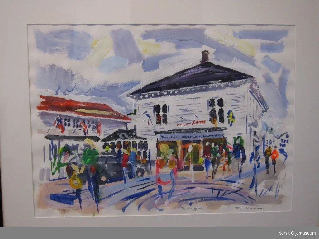Kunstverk av John Simonsen som var planlagt at skulle utsmykke den nye prosess- og boligplattformen på Valhallfeltet. Maleriet viser et bylandskap med mennesker hvor blått er en sentral farge.