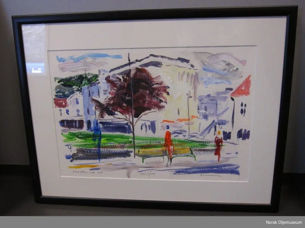 Kunstverk av John Simonsen som var planlagt at skulle utsmykke den nye prosess- og boligplattformen på Valhallfeltet. Maleriet viser et bylandskap.