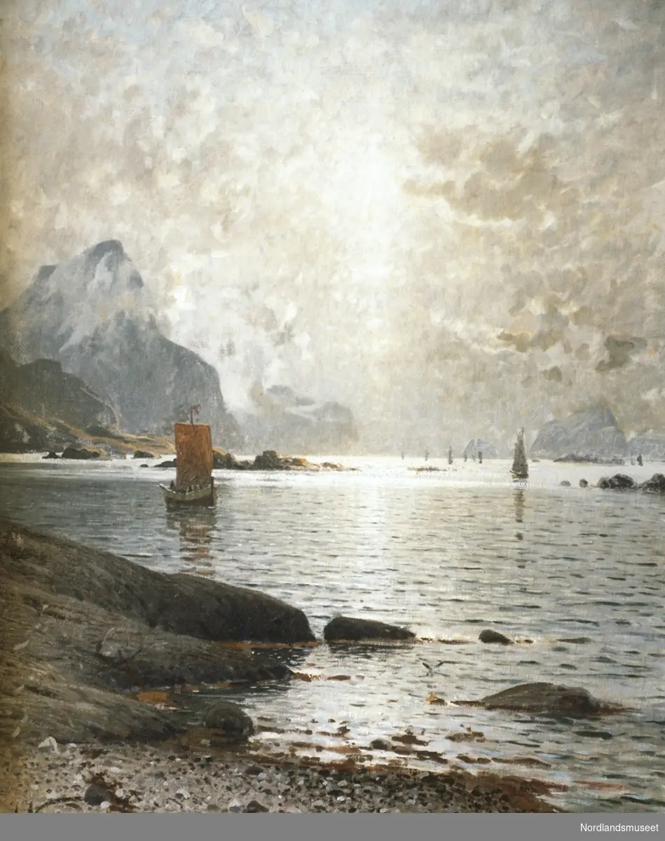 Maleri av Adelsteen Normann. "Båter på fjorden". Motiv: nordlandsbåter, hav og bratte fjellsider.