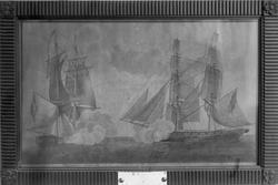 Maleri av to skip i kamp