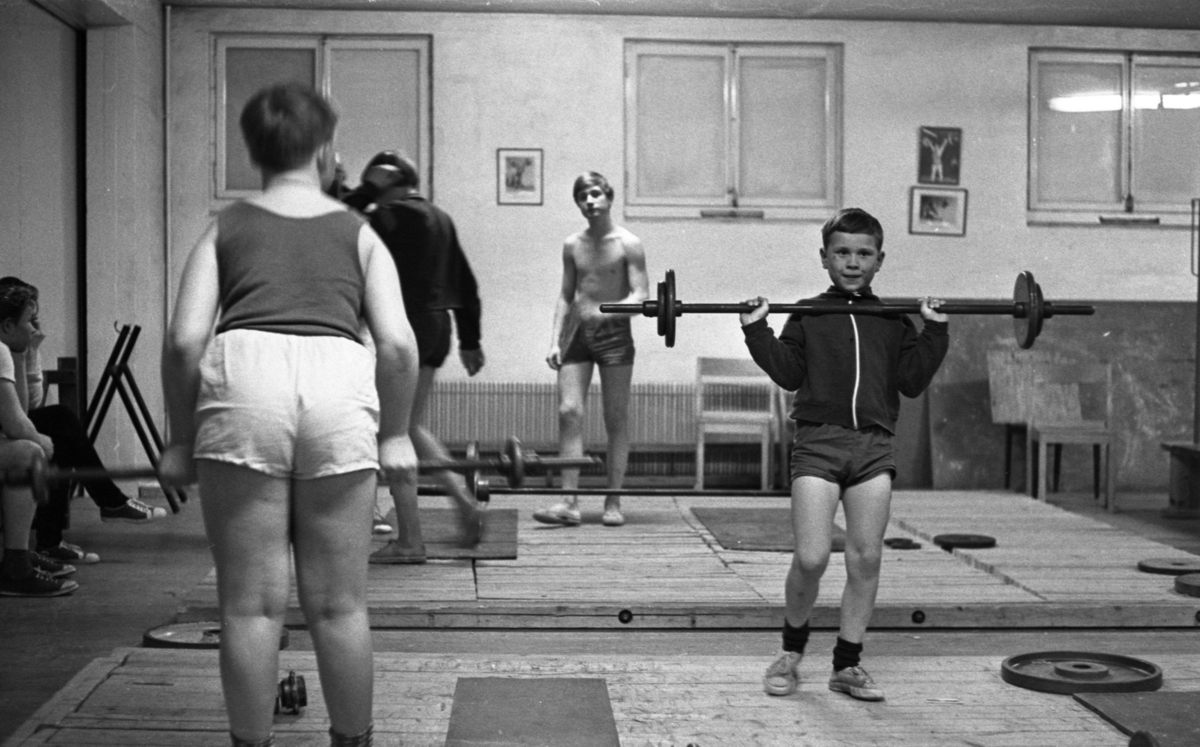 Tyngdlyftarreportage 31 januari 1966 

En pojke i åttaårsåldern klädd i träningsjacka och shorts lyfter en skivstång i axelhöjd inne i en träningslokal. Han sysslar med tyngdlyftning. Tre andra pojkar i olika åldrar står upp i närheten av honom och två sitter på en bänk.