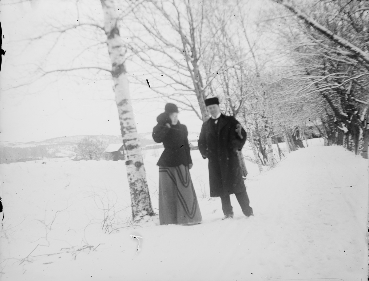 En mann og en kvinne står ved enden av en snødekket allé.