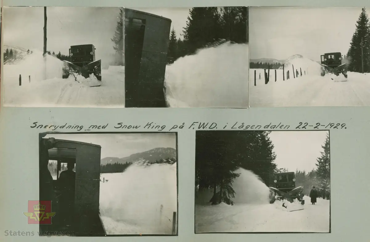 Album fra 1918-1934, "Snebrøyting." I følge merking i album: "Snørydding med Snow King på FWD i Lågendalen 22.02.1929."