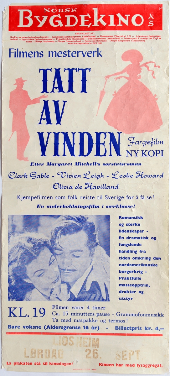 Hovedtekst i blått på hvit bunn, mann og kvinnefigurer i rosa, portrett av to skuespillerei blått på hvit bunn. Hvit tekst på rød bunn øverst på plakaten.