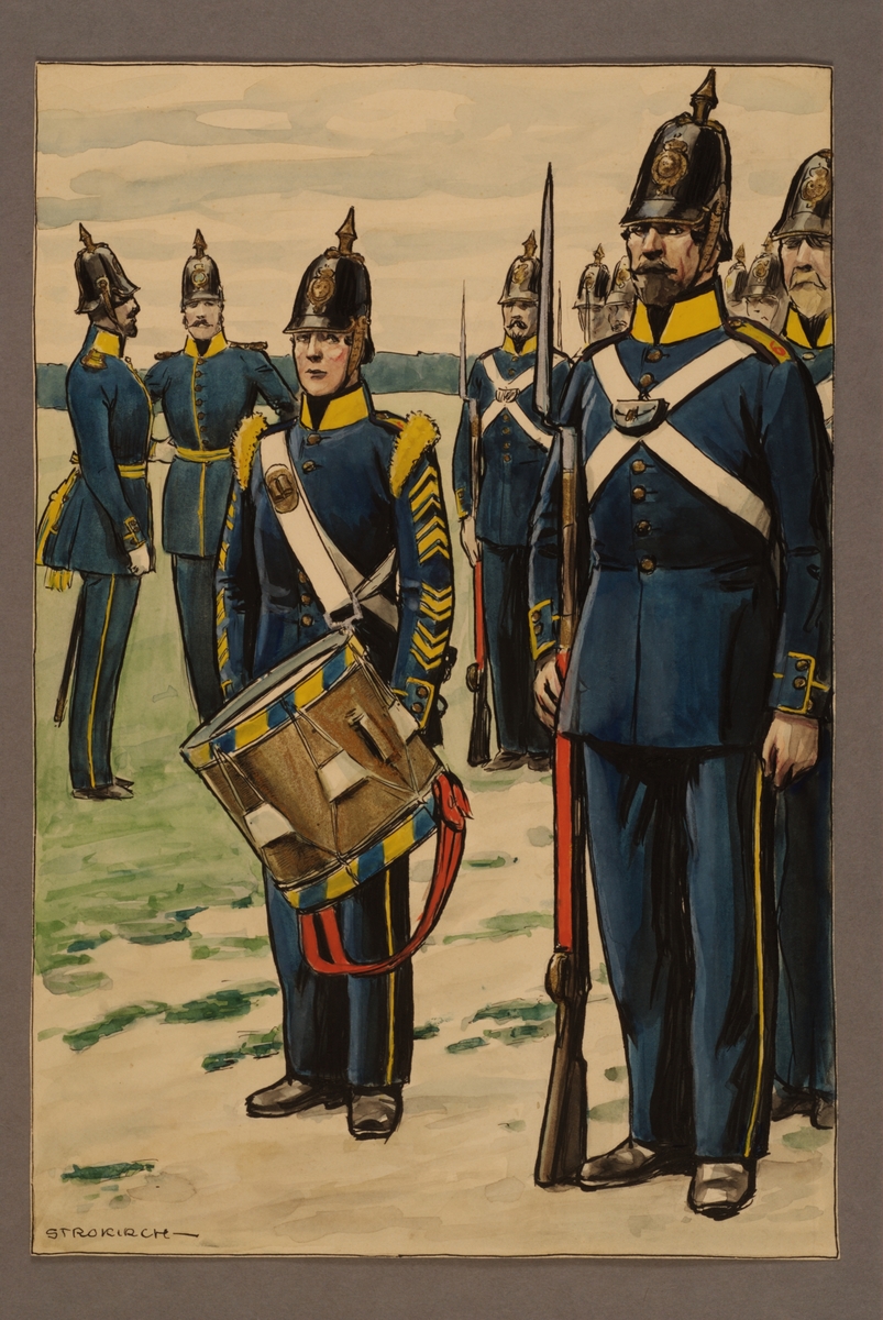 Plansch med uniform för officer och soldater vid Västgöta regemente 1845, ritad av Einar von Strokirch.