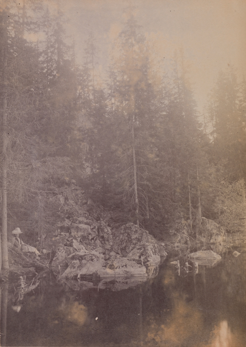 En dame sitter på en fjellknaus ved et vann i skogen.