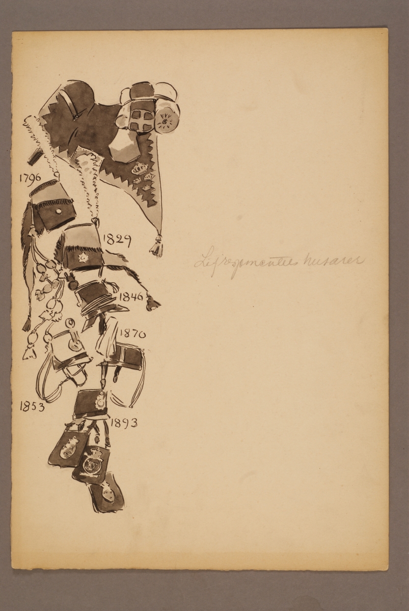 Plansch med huvudbonader, väskor och sadel för Livregementets husarer, ritad av Einar von Strokirch.