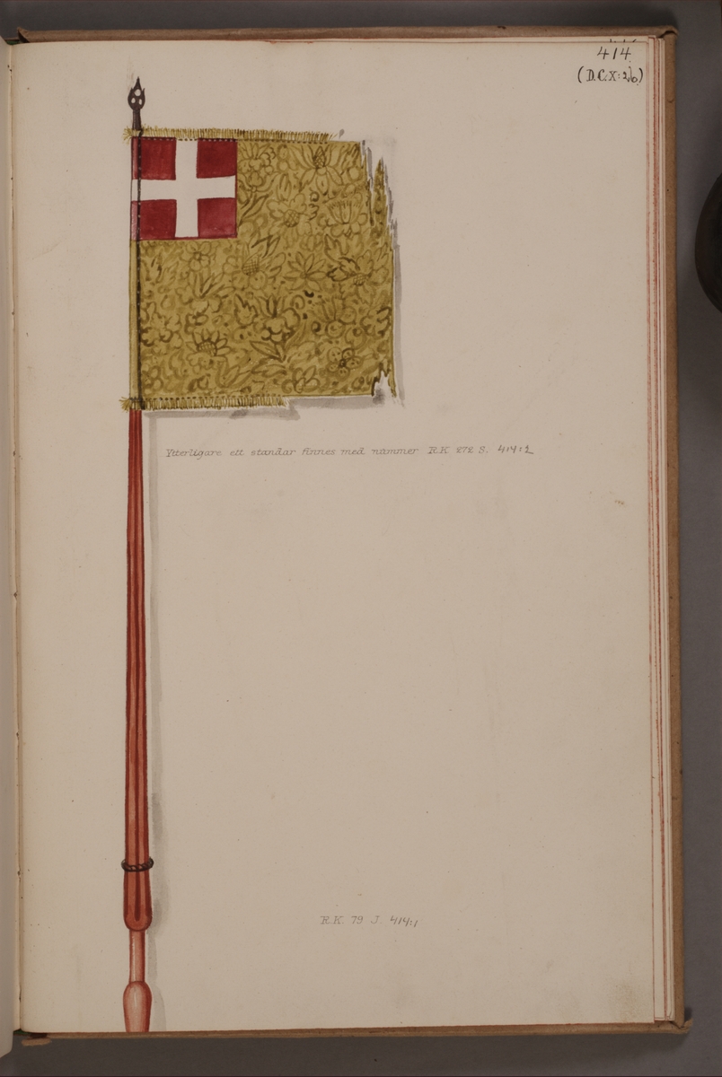 Avbildning i gouache föreställande fälttecken taget som trofé av svenska armén. Det avbildade standaret finns bevarat i Armémuseums samling, för mer information, se relaterade objekt.