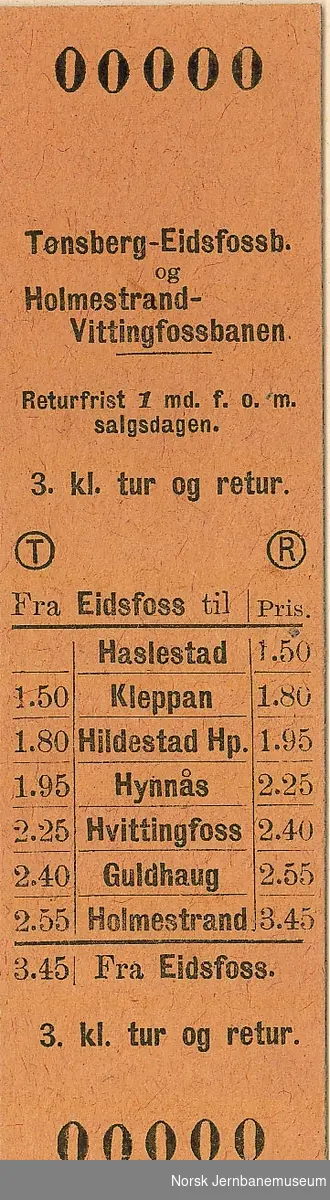 Billett fra Eidsfoss til stasjoner i retning Holmestrand, tur/retur, 3 klasse, ubrukt