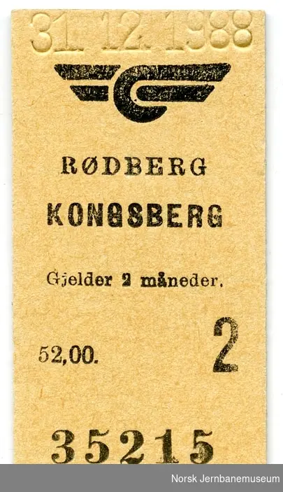Billett Rødberg-Kongsberg, 2. klasse, siste tur 31.12.1988, ikke klippet
