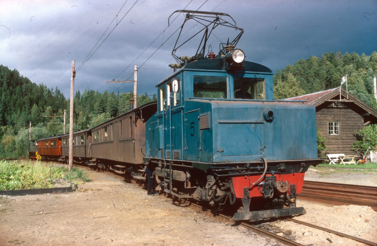 Svorkmo stasjon med lokomotiv nr. 5, personvogner, og lokomotiv nr. 10.