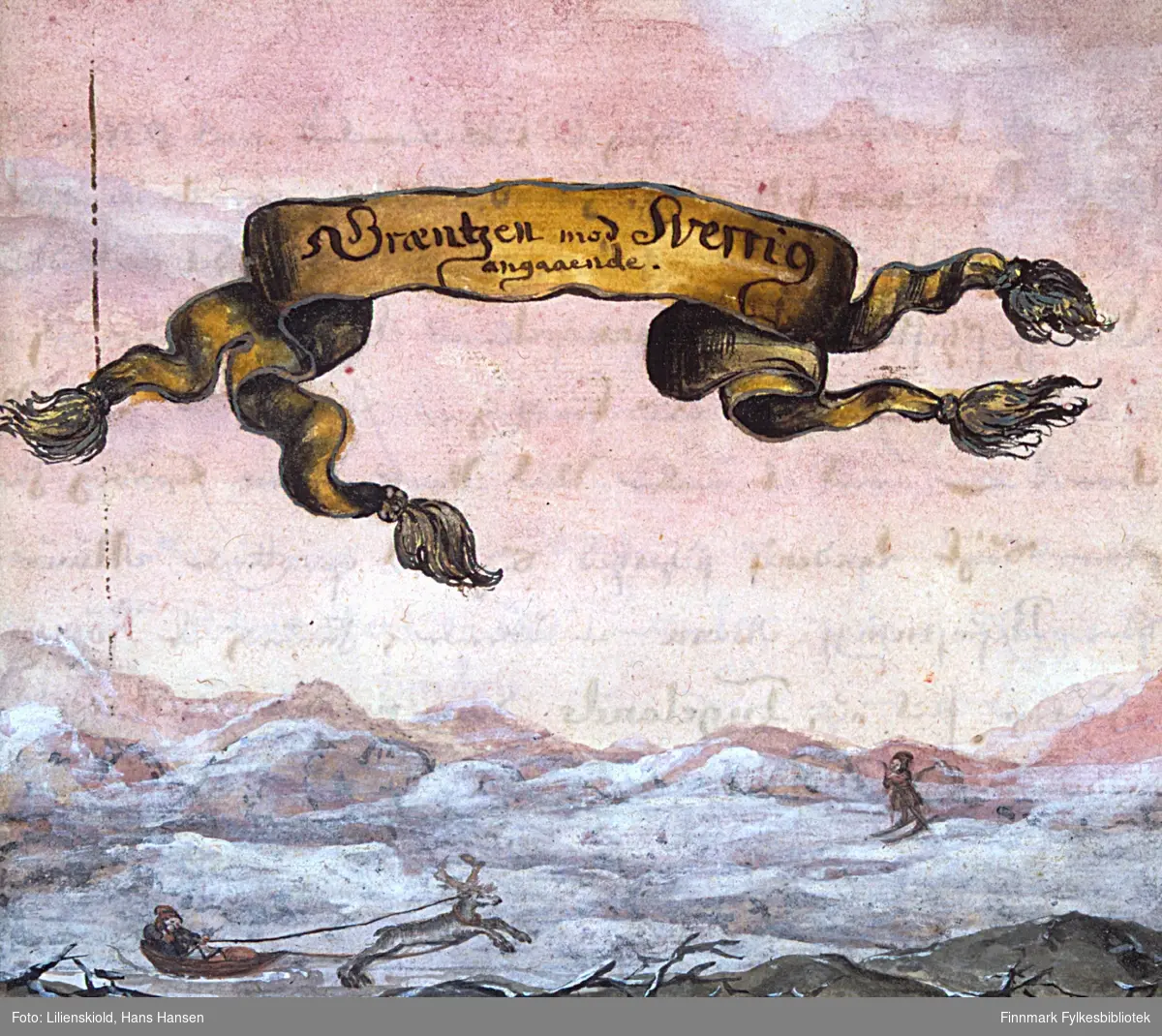 Græntzen mod Sverrig angaaende. Vinterbilde som viser transport med rein og pulk, samt en skiløper. Innledningsillustrasjon til Cap. 4 i 2. binds første deling