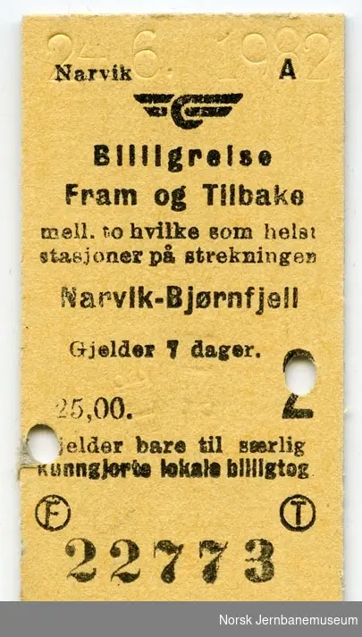 Billett billigreise Narvik-Bjørnfjell, fram og tilbake, 2. kl.