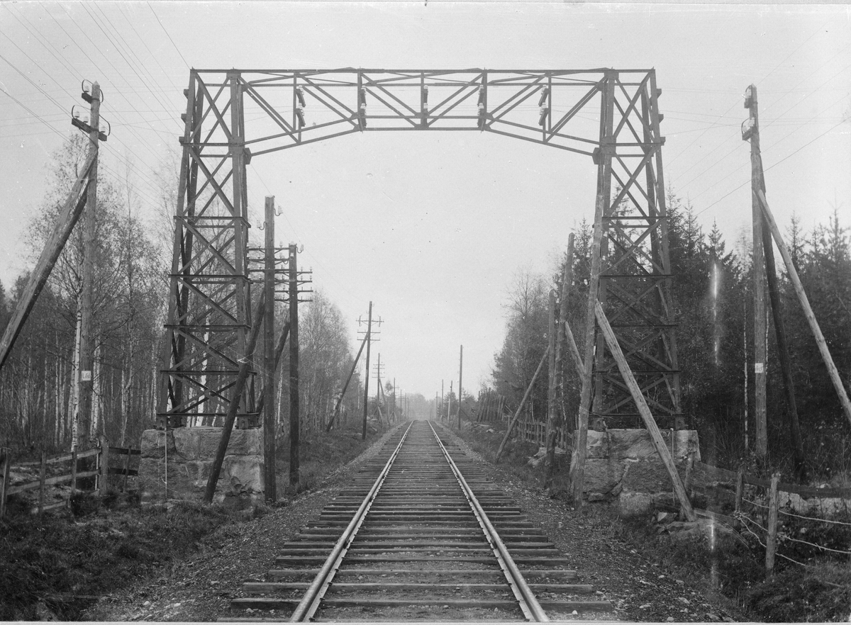 Telegrafstolpe över järnväg i Bergslagen 1905.