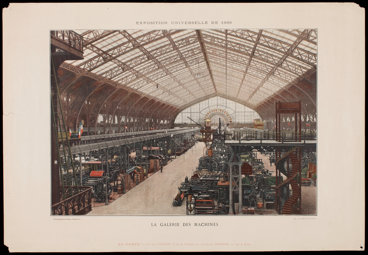 Plansch med motiv från Världsutställningen 1889, Exposition universelle de 1889. Vy över maskinhallen, Le galerie des machines.