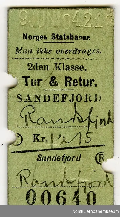 Tur/returbillett Sandefjord-Randsfjord, 2. kl.