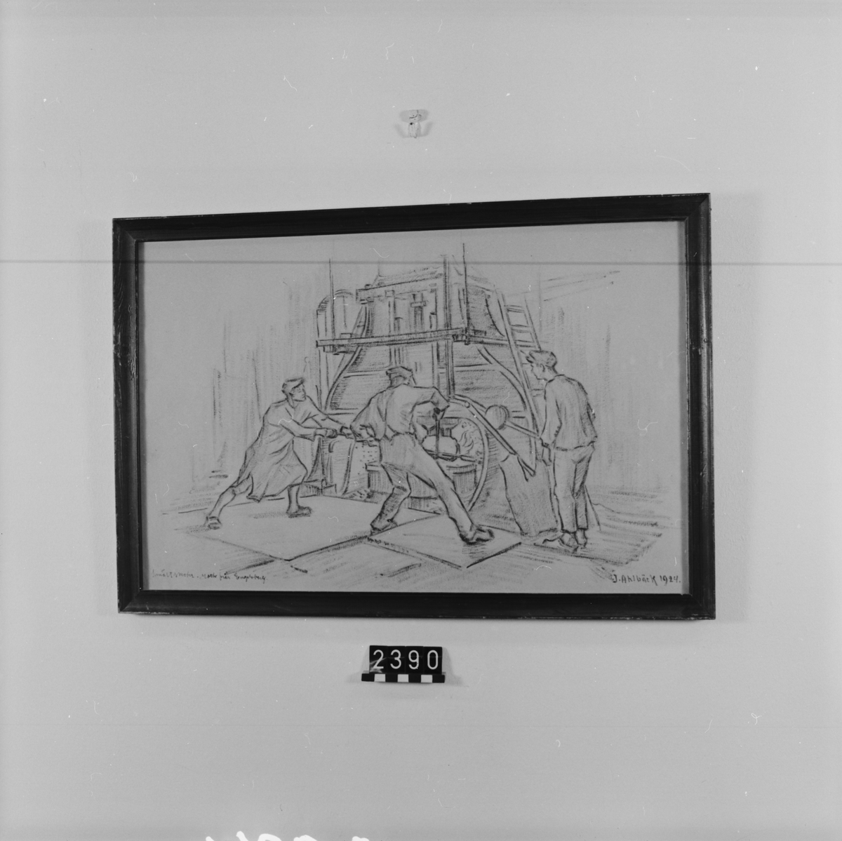 Teckning i blyerts och sepia, "Smältsmeder", motiv från Engelsberg. Interiör med tre arbetere.