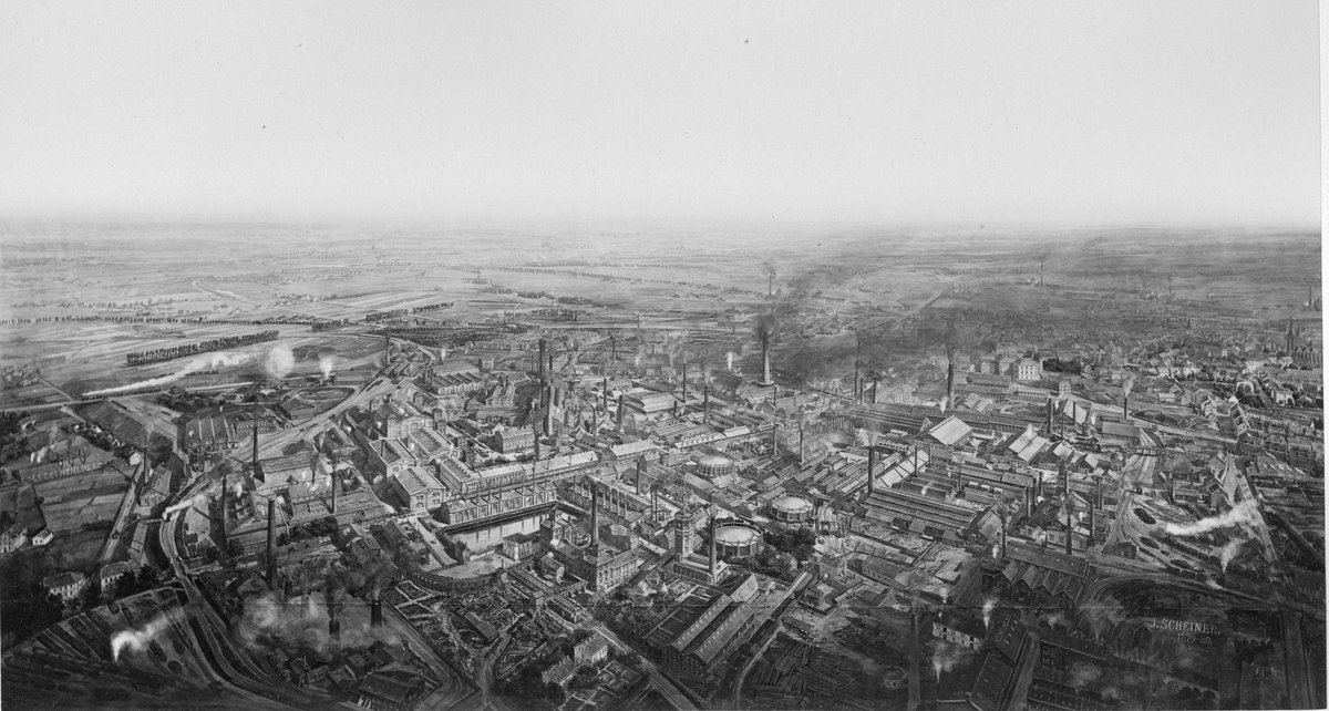 Vy över stålverket Fried Krupp, Essen, Tyskland, 1880.