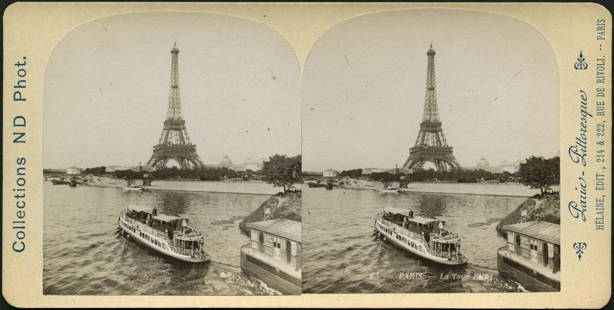 Stereobild me motiv av Eiffeltornet i Paris, sett från vattnet.