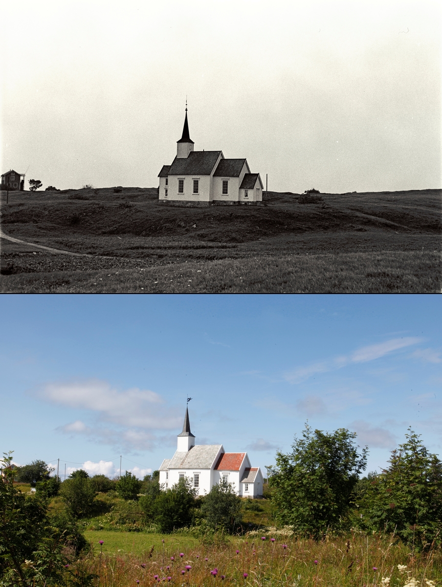 Refotografering. Vegetasjonen har vokst til rundt Skålvær kirke, Alstadhaug, Nordland. Fotografert 1938 og 2015.