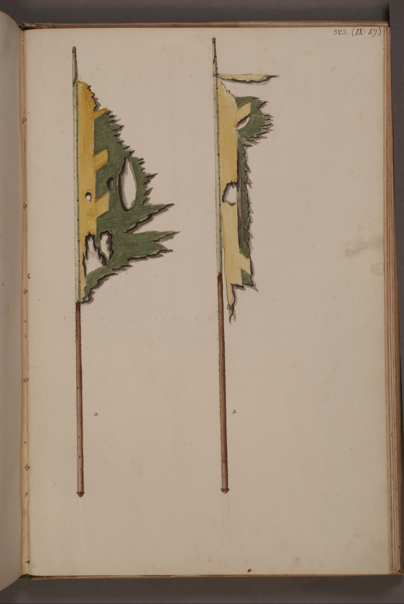 Avbildning i gouache föreställande fanor tagna som troféer av svenska armén. De avbildade fanorna finns inte bevarade i Armémuseums samling.