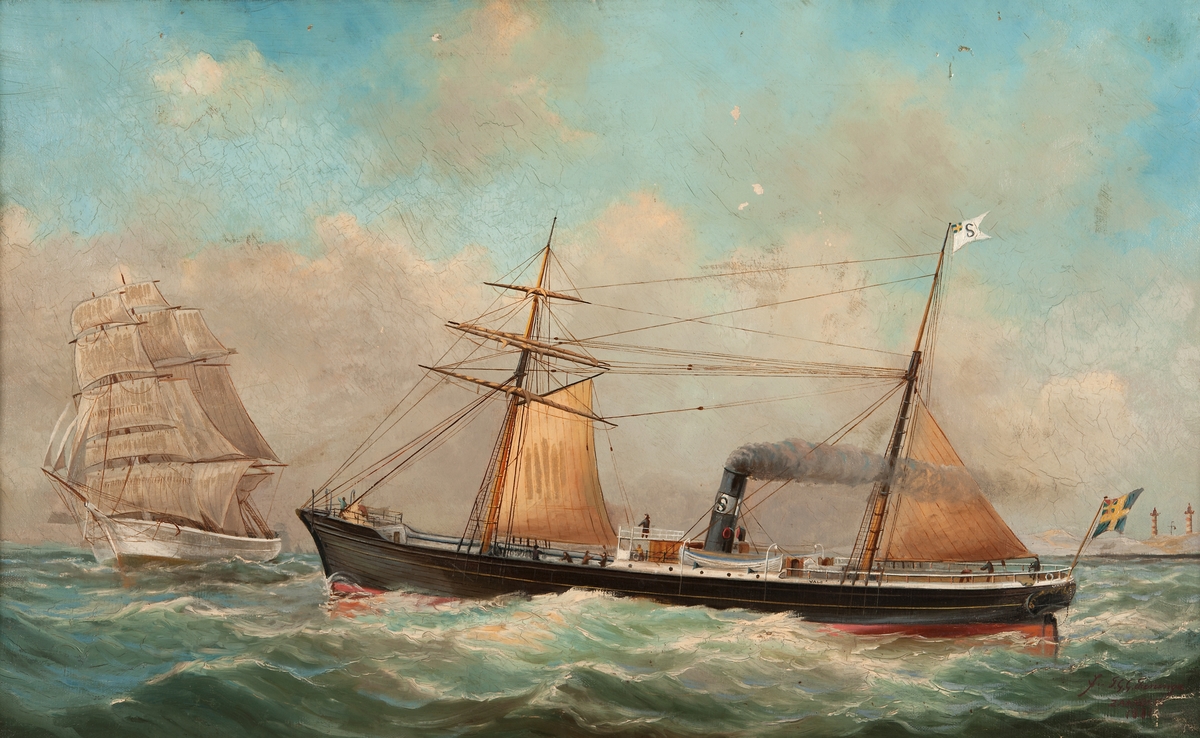 Ångaren "Vale" till sjöss, babords sida, skonertriggad, förande två segel, svartmålat skrov. Till vänster seglare, till höger två fyrar.