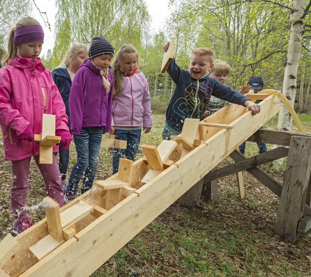 Testing the water wheels in the outdoor area.