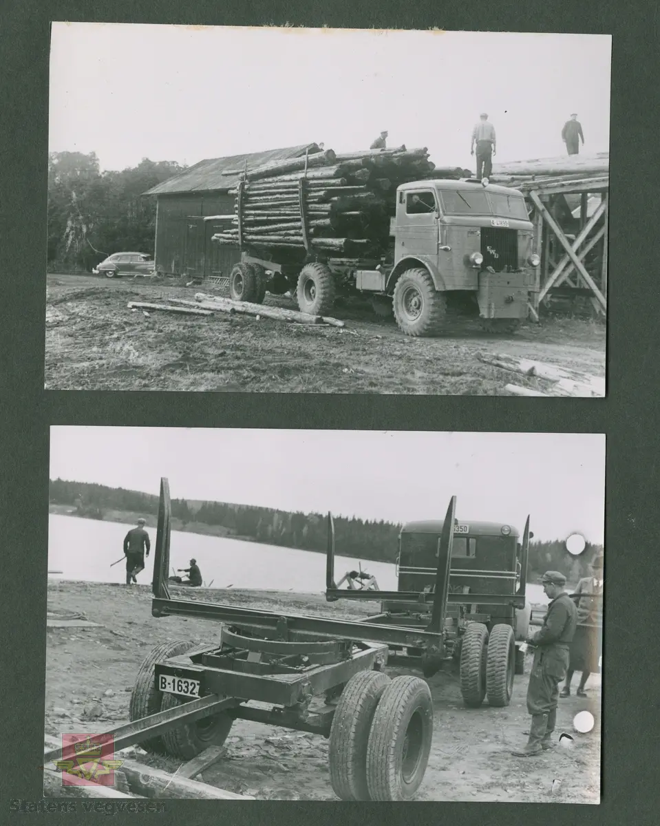 FWD lastebil, med kjennemerke A-41890, kjører tømmertransport. Sannsynligvis er det Colbjørnsen sin DeSoto med solskjerm på frontruten i bakgrunnen. Moderne tilbehør den gang. 1948.