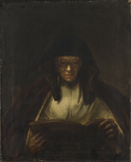 Bilden visar en frontalt framställd sittande nunna som läser i en stor uppslagen bok som hon håller i sina händer. Mörk färgskala; bröstet och nedre delen av ansiktet upplyst.
