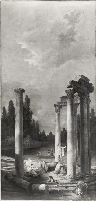 Antikt rundtempel i ruiner med Apollo di Belvedere