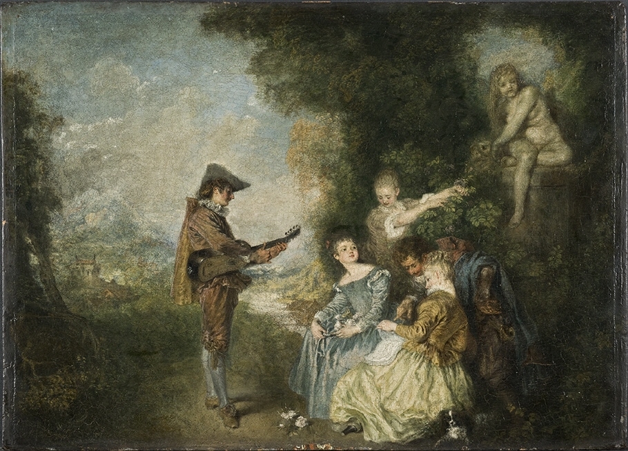 I Antoine Watteaus målning Kärlekslektionen sitter en grupp unga människor intill en staty —en uppkrupen nymf i marmor— i ett parklandskap. De låter sig underhållas av mannen med den spanska gitarren. En av flickorna bryter en ros och liksom strör den över sällskapet. Flickan i den gula klänningen har ett nothäfte i knäet. Kärlekslektionen är en så kallad fête galante, en genremålning föreställande ett parklandskap med dovt ljus och lummig grönska med människor som umgås – ett motiv typisk för konstnären. Röntgenbilder visar att Watteau målat Kärlekslektionen på en karossdörr, med en vapensköld, två enhörningar och krönt av en markiskrona.  Nationalmuseum köpte målningen 1953 dels genom en insamling, dels genom bidrag från Nationalmuseums vänner och med medel från museets fonder.