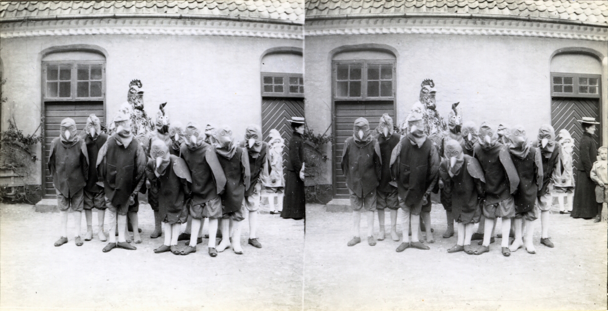 Stereoskopiskt fotografi. Utklädda barn vid Halmstads slott.