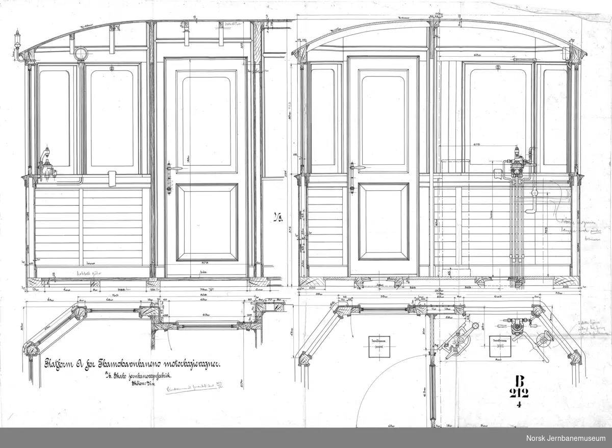 Tegning av motorbogievogn for Thamshavnbanen.
B212-1 hovedtegning
B212-2 understilling
B212-3 boggie
B212-4 endeplattform A
B212-5 endeplattform B
B212-12 bunnramme