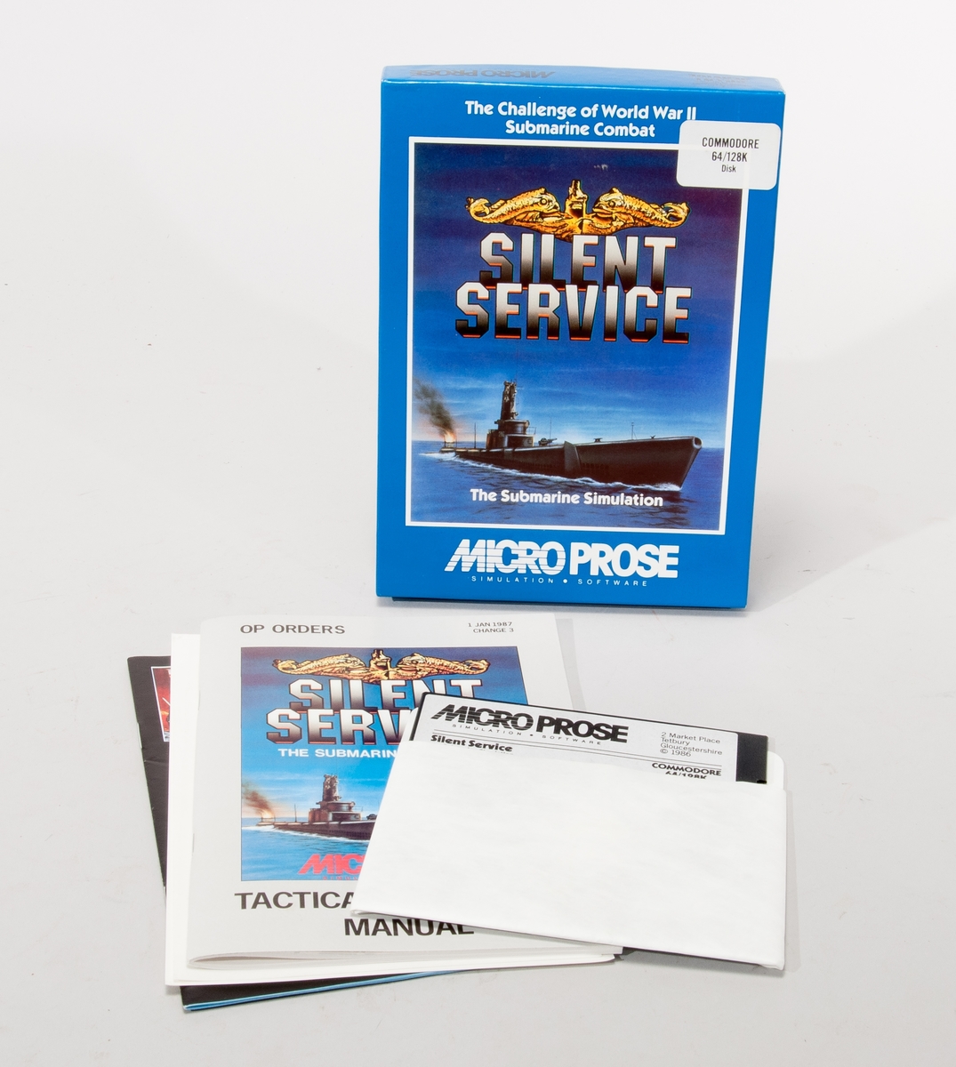 Datorspel till Commodore 64/128k, floppydisk och manual i förpackning av papp.